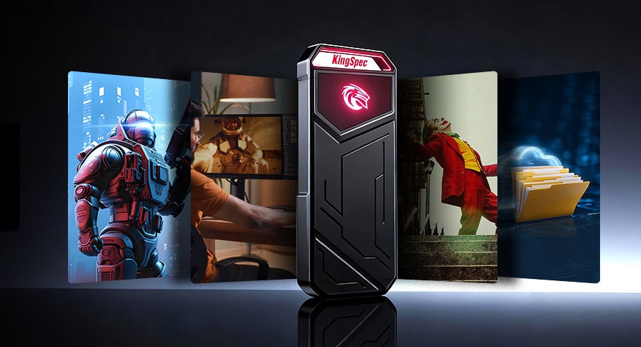 KingSpec SSD surrounded by movie posters, gaming scenes, and a cloud folder representing 4TB storage