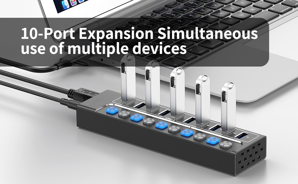 Powered USB Hub 3.0, 10-Port USB 3.0 Hub Splitter with Individual Switches and Indicator Lights, 10