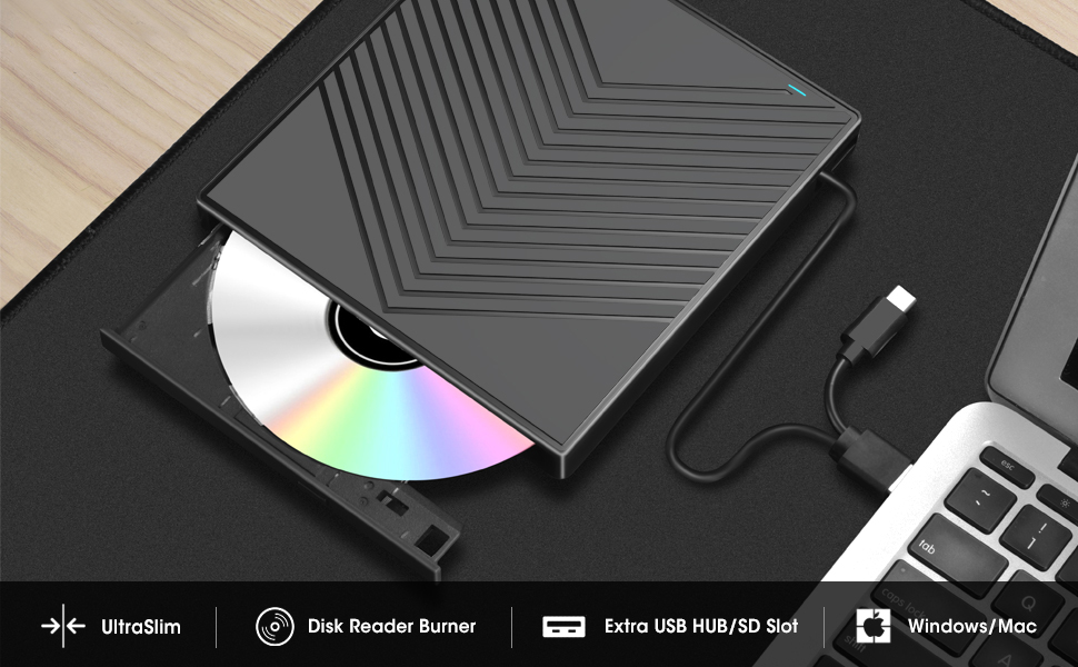 8 in 1 External CD DVD Drive, CD Burner DVD Player USB 3.0 with 4 USB Port and 2 SD/TF Card Reader,