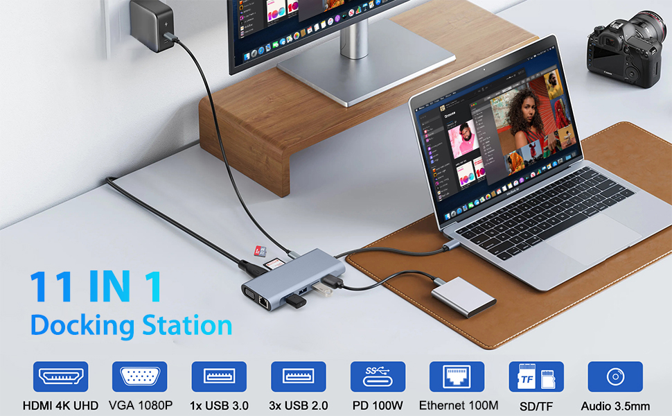 11-in-1 USB C Hub with PD 100W, 4K HDMI, VGA, Ethernet, 1 x USB 3.0, 3 x USB 2.0, SD/TF Card Reader
