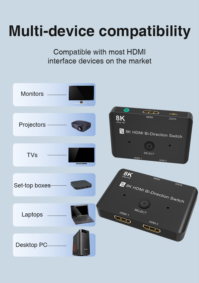 8K HDMI 2.1 Switch, Dbilida 48Gbps 8K HDMI Switcher Splitter 2 in 1 Out  Support 4K@165Hz/144Hz/120Hz, 8K@60Hz, Bi-Directional for PS5/PS4, Xbox,  Roku