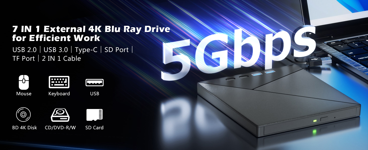 7 in 1 External Blu Ray Drive, 4K Blu Ray Burner with USB 3.0 Type-C Portable Blu Ray Drive