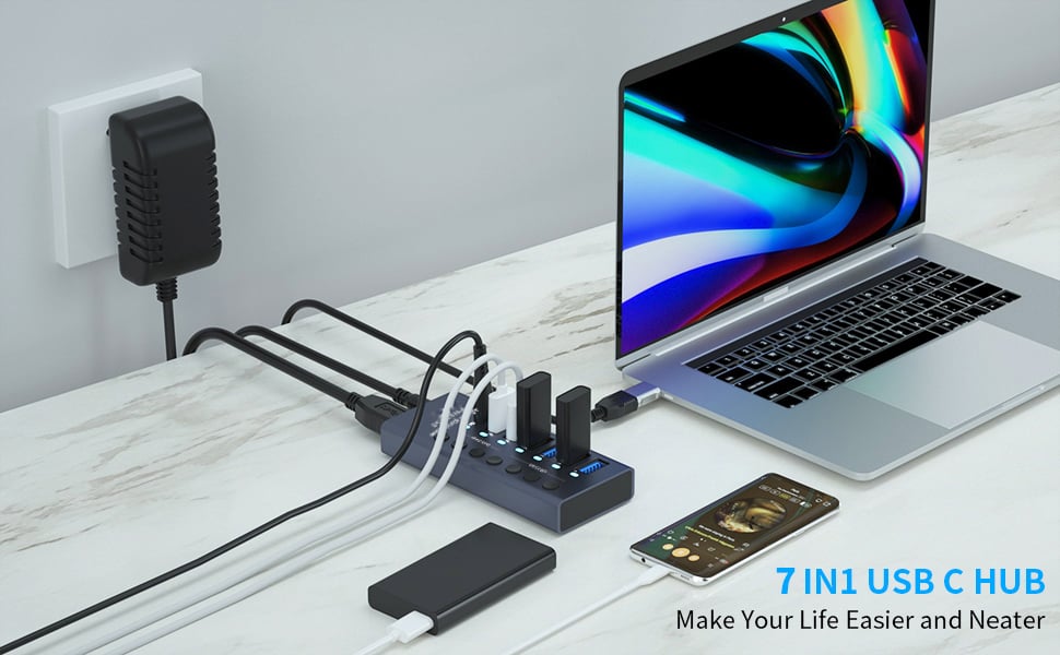 1 PD 20W Fast Charging Port + 4 Ports USB 3.0 Hub + 2 Smart Charging Ports (Smart Charging Technolog