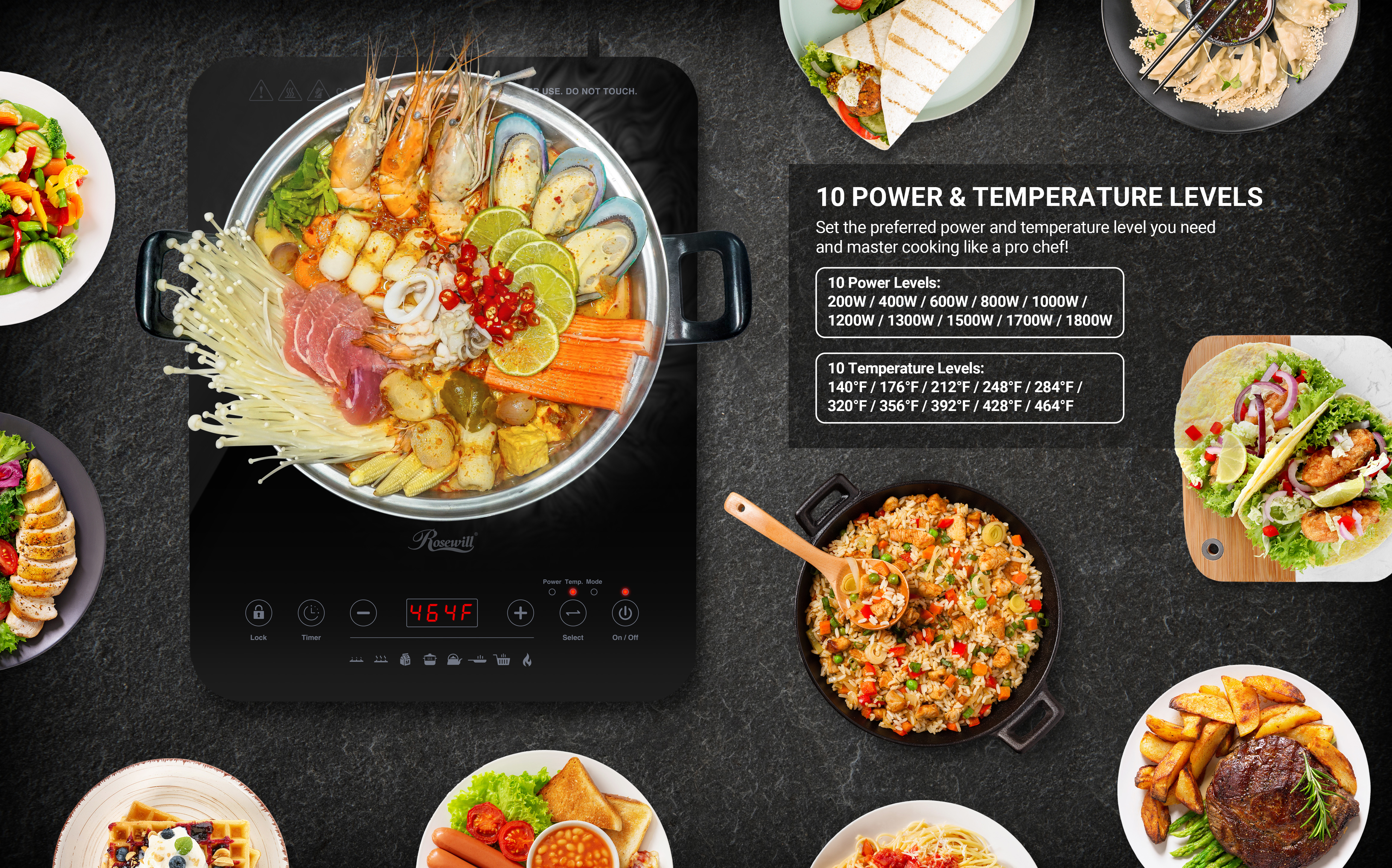 Rosewill Portable Induction Cooktop Burner, 1800W, 8 Cooking Modes, 10  Power/Temp Levels, Touch Panel, LED Display, Timer, Auto Shut-Off, Child  Safety Lock, Includes Stainless Steel Pot - (RHAI-21001) 