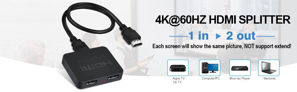 HDMI Splitter 4K@60Hz, HDMI Splitter 1 in 2 Out, HDMI Splitter for