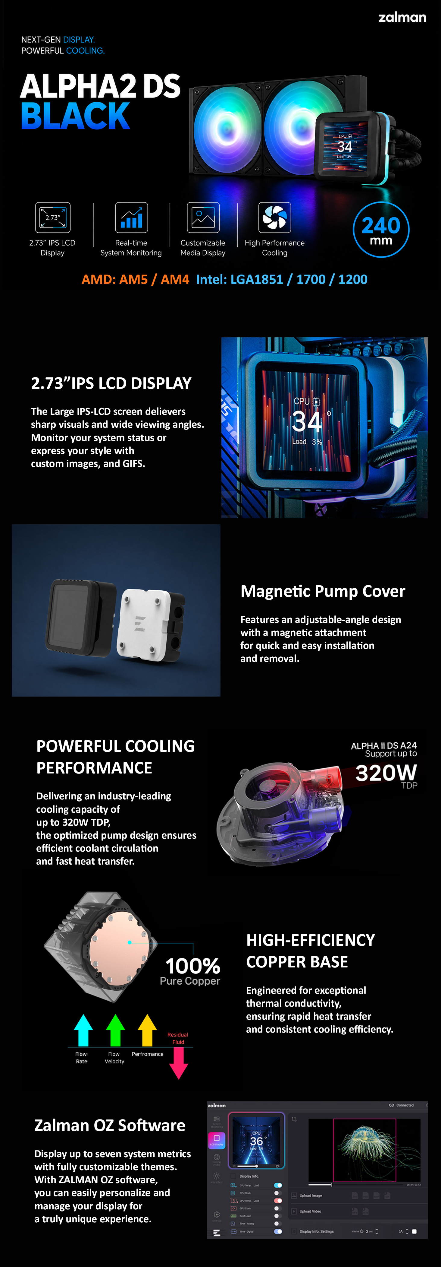Zalman Alpha 2 DS 240 CPU AIO Liquid Cooler with LCD Display