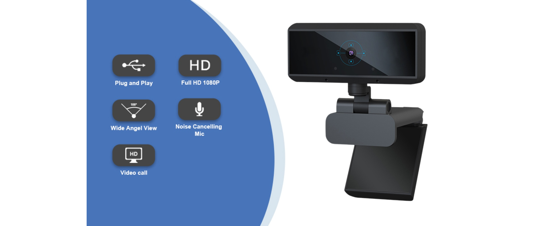 HD webcam, built-in mic, plug and play