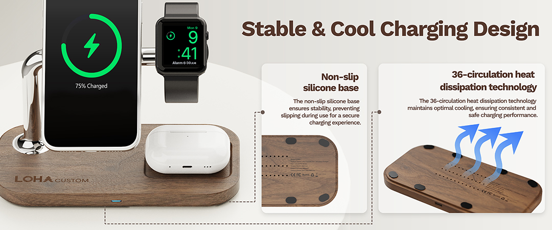 Stable and cool charging design with non-slip base and heat dissipation