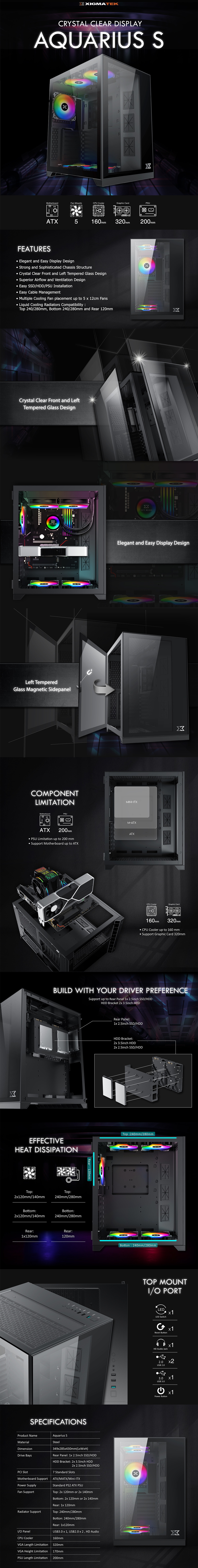 Xigmatek Aquarius Plus Black ARGB Pc Gaming box/semi ATX Tower/2 panels  tempered glass/7 fans