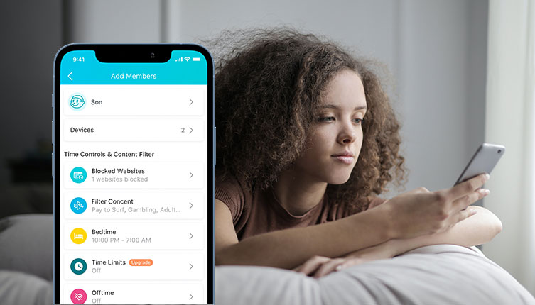TP-Link Tether app parental controls screen showing content filtering and time scheduling features