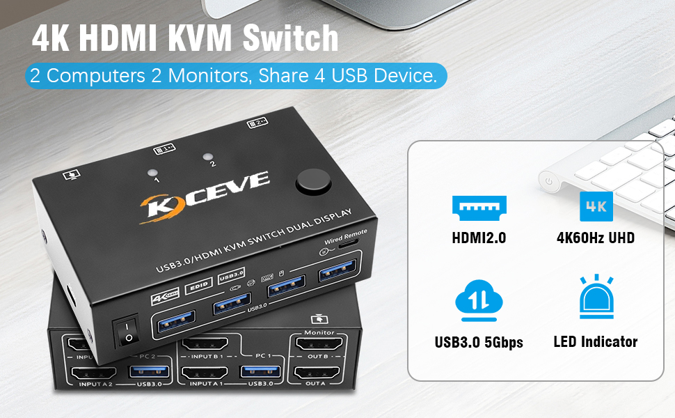 USB3.0 Dual monitor HDMI KVM switch is specially designed for users who have 2 PCs and 2 monitors.