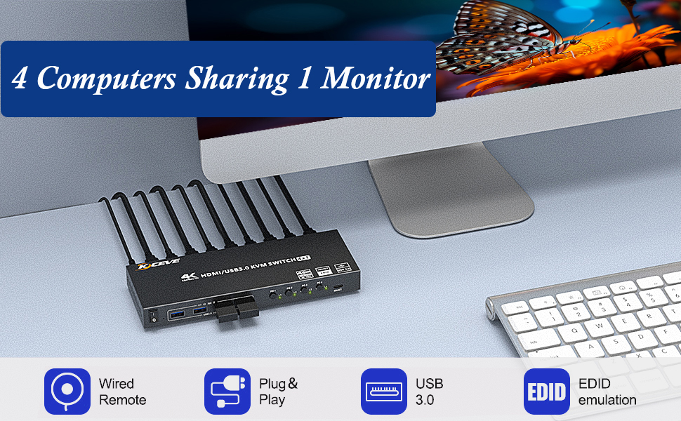 HDMI KVM Switch 1 Monitors 4 Computers 4K@60Hz, Simulation EDID