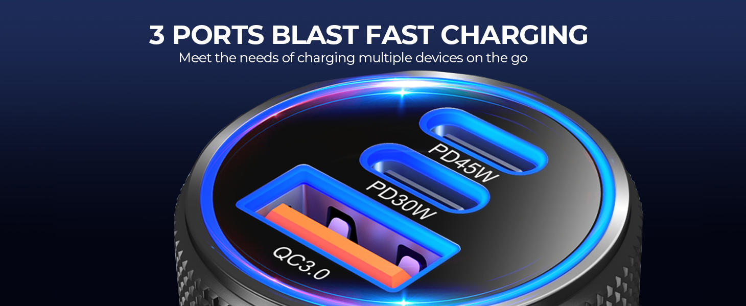 93W Car Charger USB C Fast Charge, PD45W/PD30W 3 Ports Fast Car Phone Charger|Dual USB-C & USB-A Fas