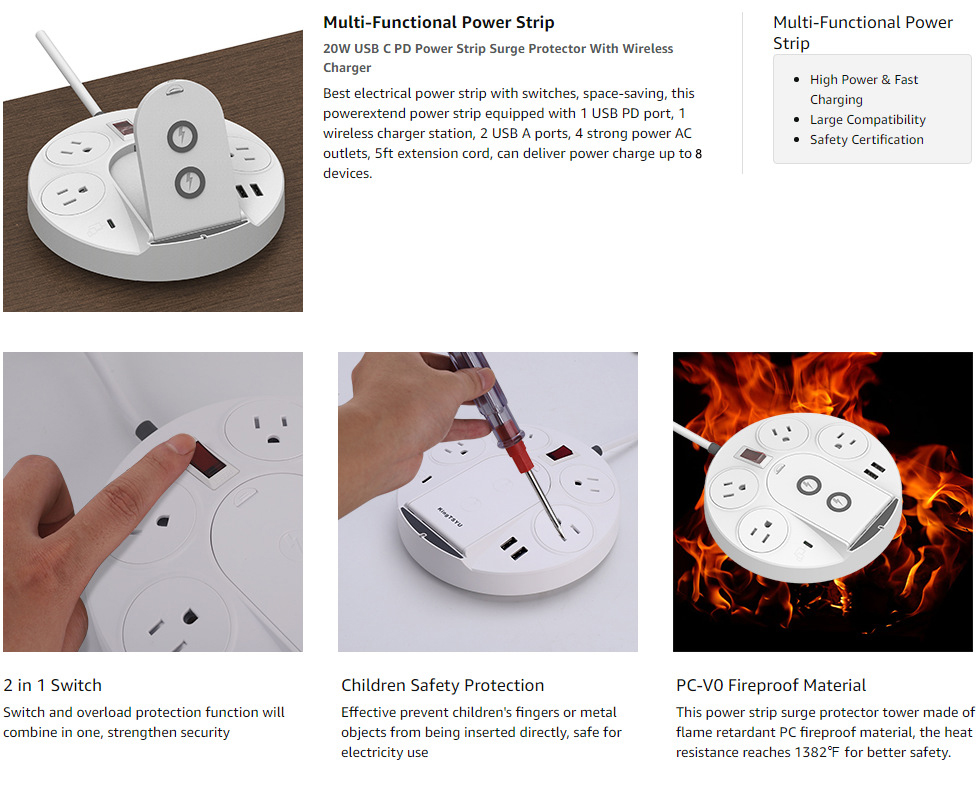 Power Strip, Wireless Charger 40W EU US Plug Surge Protector,Desktop Charging Station
