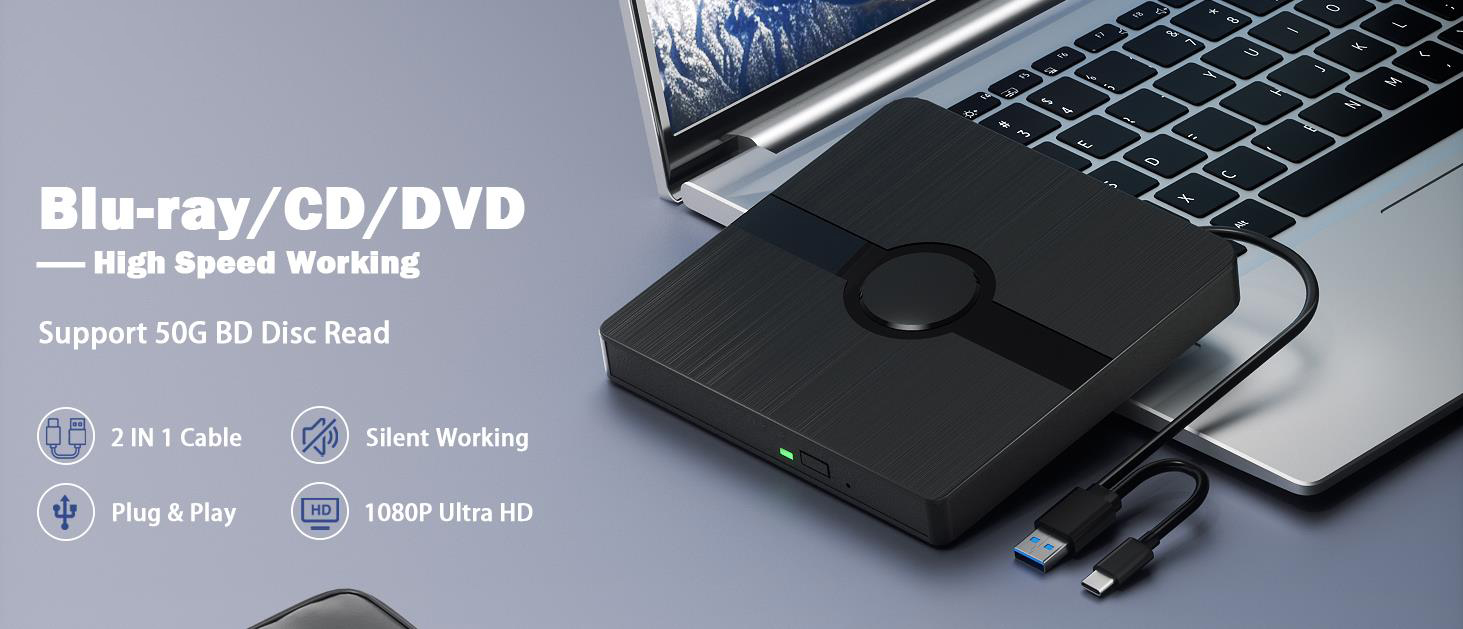 External Blu Ray Drive, BD Player with Read/Write Capability Portable Blu-ray Player with USB 3.0 Ty