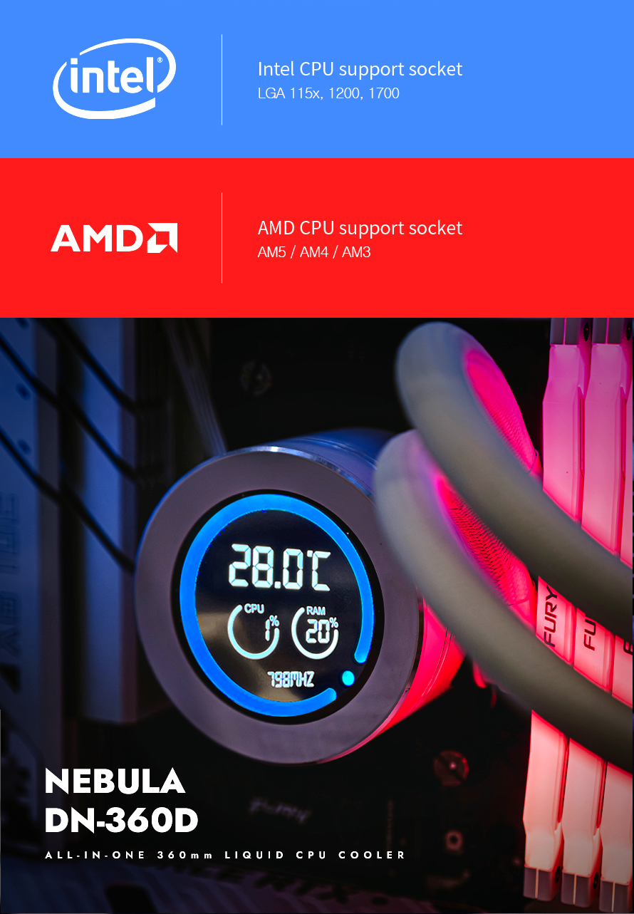 darkFlash DN360D 360mm AIO Liquid CPU Cooler 2.1 LCD Display 3x 120mm ARGB PWM Fans Copper Water