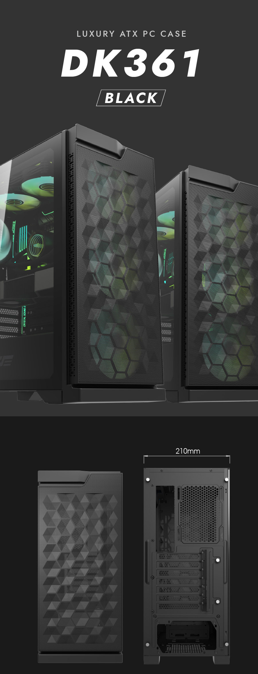 darkFlash DK361,ATX Mid-Tower Gaming Case,Hexagon Mesh High-Airflow Front,4× ARGB PWM Fans