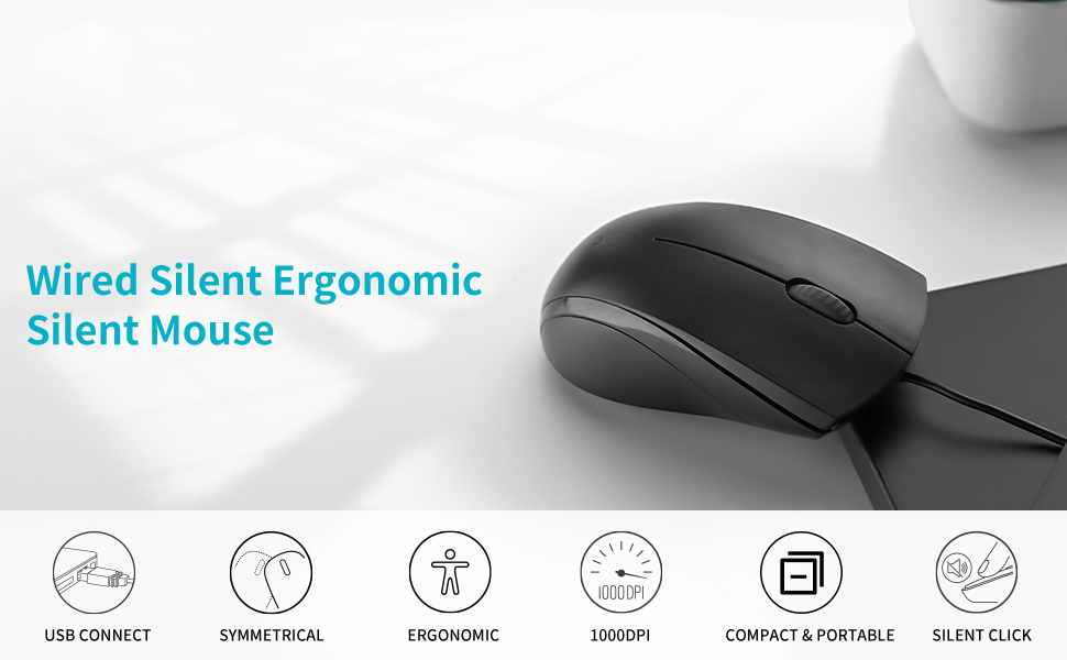 Silent Mouse, USB Wired Mouse, 1000 DPI 5ft Cord Quiet Button Optical Computer Mouse, Left Right Han
