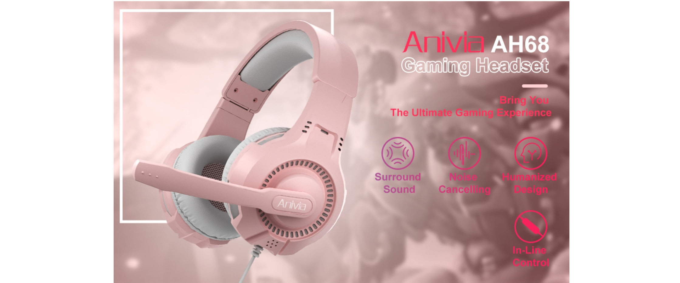 EACH AH68 pink wired gaming headset, white background