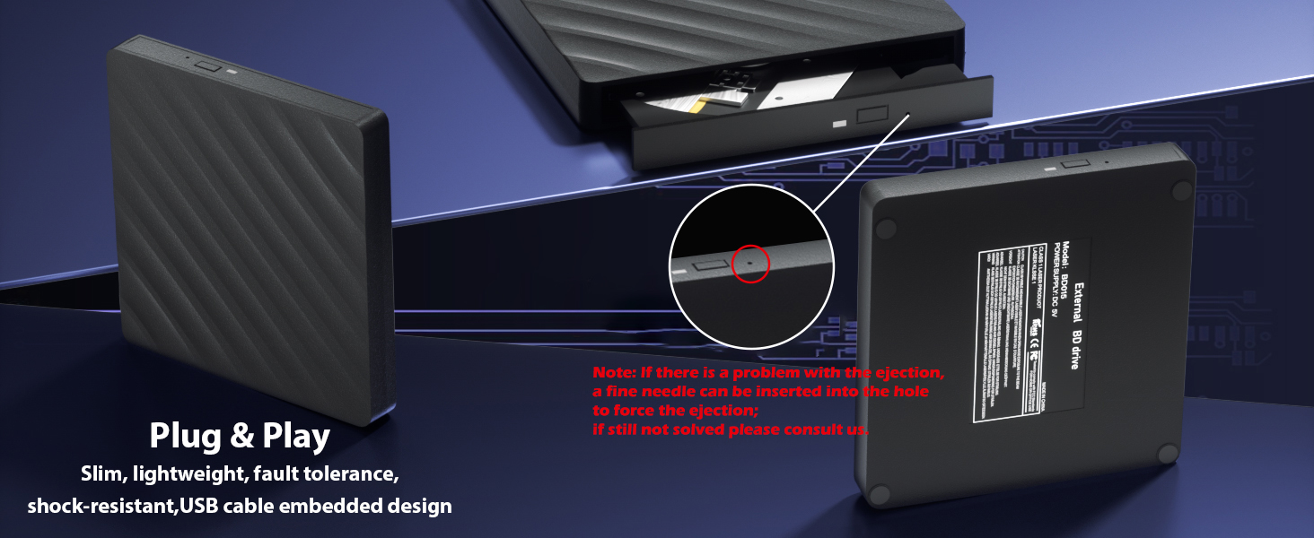 5 in 1 External Blu Ray Drive, Portable Blu Ray Player with USB 3.0 Type-C, CD DVD Burner 3D Blu-Ray