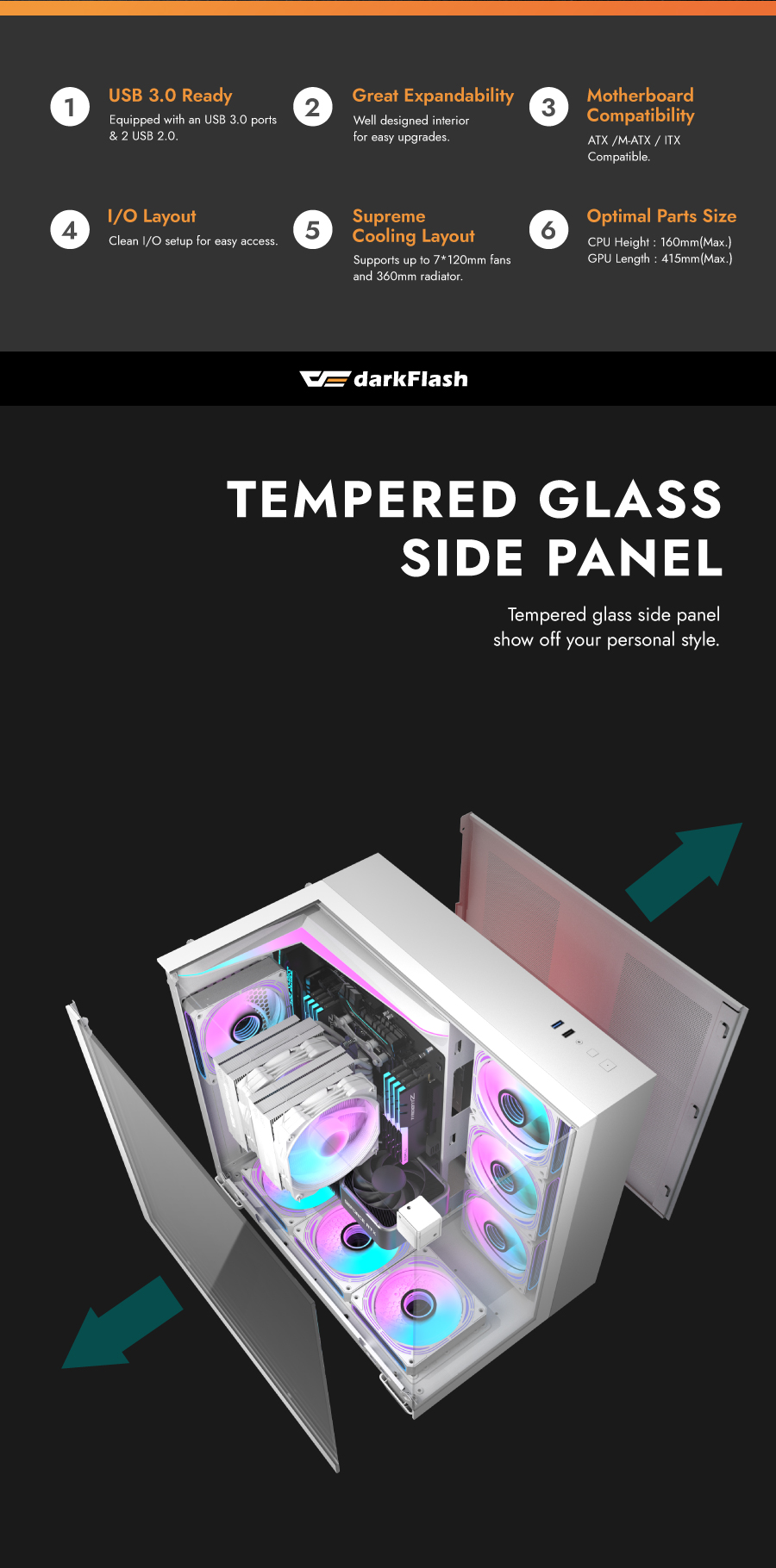 darkFlash TH285,ATX Mid-Tower Gaming Case,Triple-Sided Tempered Glass, 4× Pre-Installed Fans