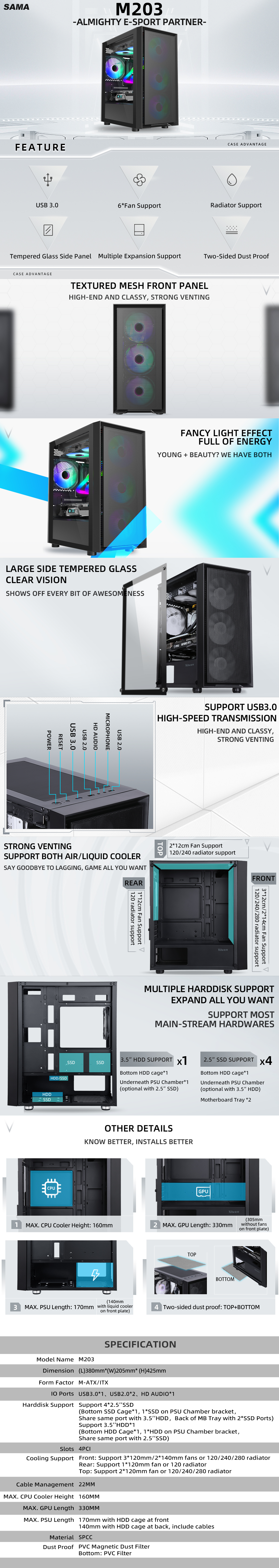 SAMA M203 Black Tempered Glass Micro ATX Mid Tower Gaming