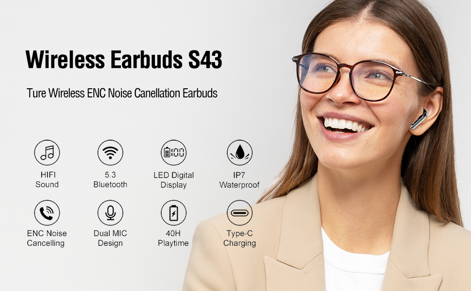 True Wireless Earbuds, Bluetooth 5.3 Headphones 40H Playtime with