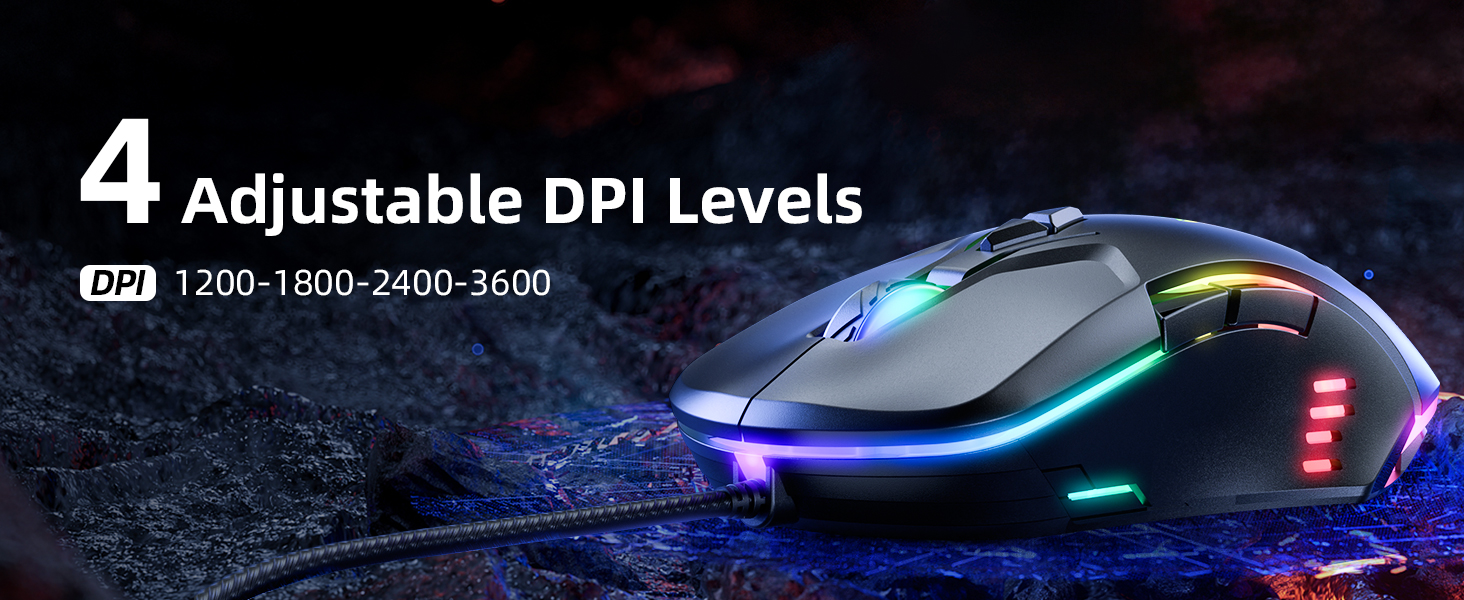 USB Wired PC Gaming Mouse, with High Precision Sensor, RGB Backlit, Adjustable DPI, 7 Buttons Progra