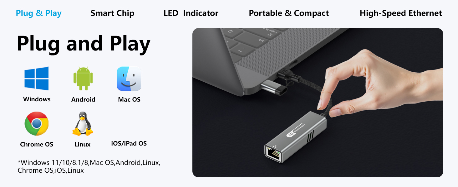 USB to Ethernet Adapter 5Gbps, Aluminum Driver Free USB-C to RJ45 5000Mbps Gigabit Ethernet LAN Netw