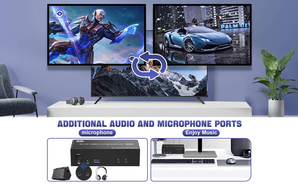 Display port kvm switch comes with a 3.5mm Audio Jack port with a DAC chip inside, which can be inse