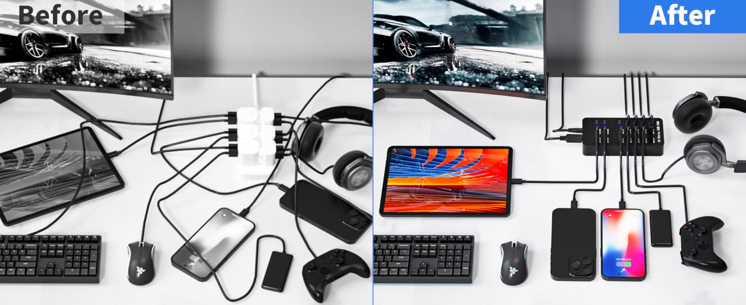Effortless Desk Organization with 14-Port Powered USB Hub
