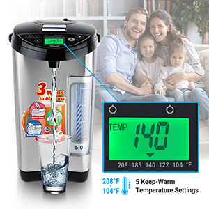 water boiler, warmer, pot, dispenser, timer, temperature, control, safety lock,  stainless steel