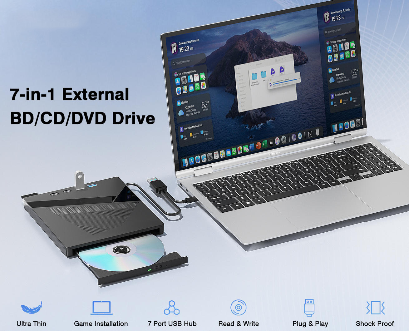 7-in-1 External CD/DVD Drive for Laptop, USB 3.0&Type-C DVD Player for Laptop Desktop with SD Card R
