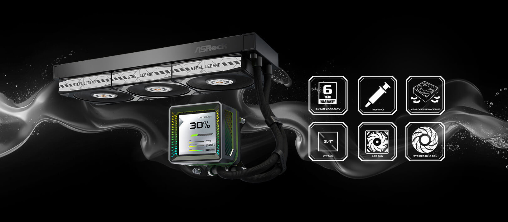 ASRock AIO Steel Legend Dark 360 LCD Liquid Cooler