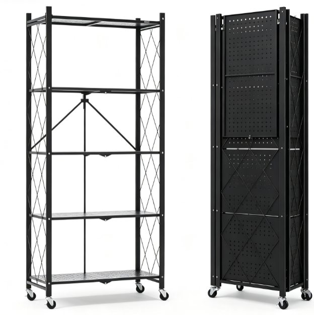 5-Tier Foldable Metal Storage Rack, Black Rolling Shelving Unit with Lockable Wheels, No Assembly He