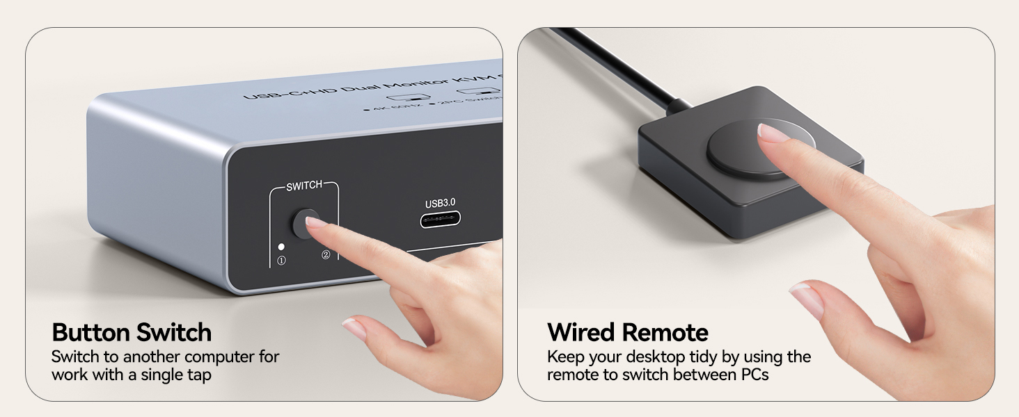 USB Type C KVM switch for 2 monitors features 4 USB ports for connecting your keyboard, mouse, print