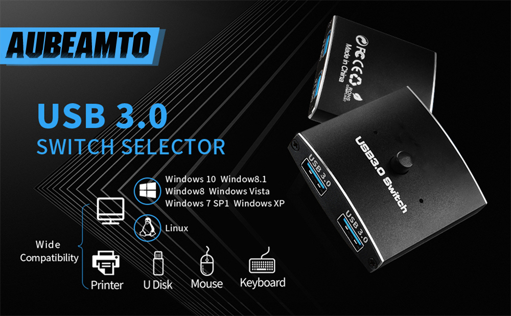 USB 3.0 Switch Selector,AUBEAMTO USB Switcher 2 in 1 Out Bi-Directional USB  Sharing Switch for PC, Printer, Scanner, Keyboard, 2 Computers Share 1 USB  Devices, Package Includes Two 3.3FT Data Cables 
