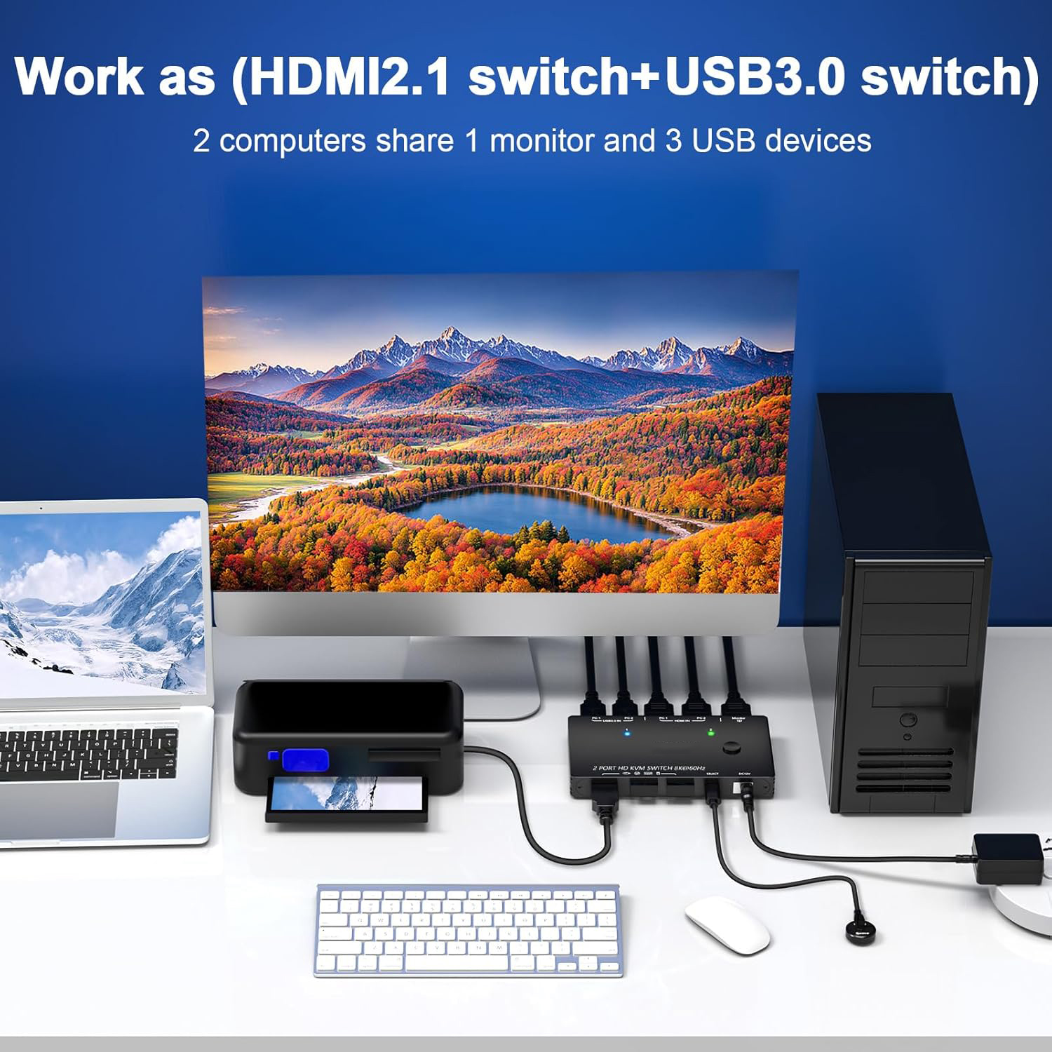 2 Ports HDMI KVM Switch 8K@60Hz, 2 in 1 Out HDMI KVM Switch for 2 PC Share 1 Monitor
