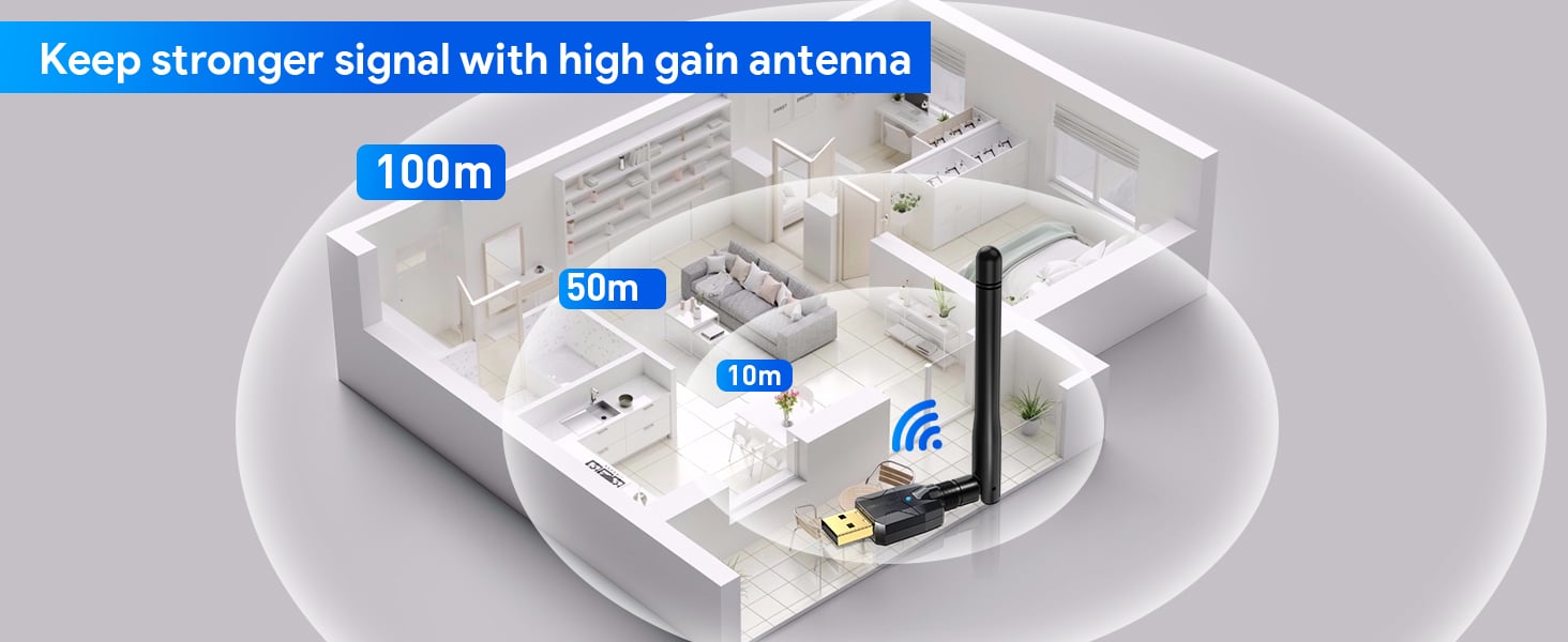 USB Bluetooth 5.4 Adapter, Bluetooth 5.4 Dongle for PC, Plug and Play, Long Range 328ft/100M