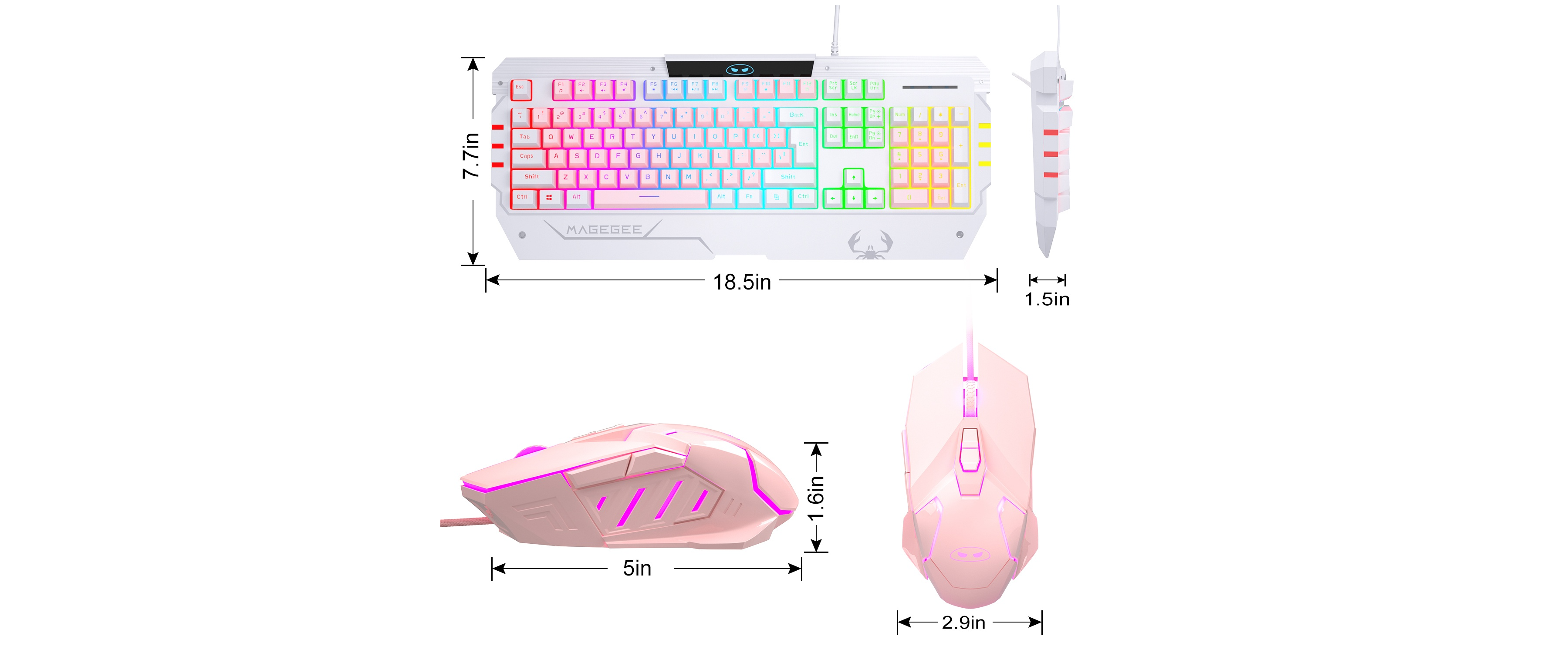 EACH pink white gaming keyboard mouse combo, RGB backlight, dimension marks, pure white background