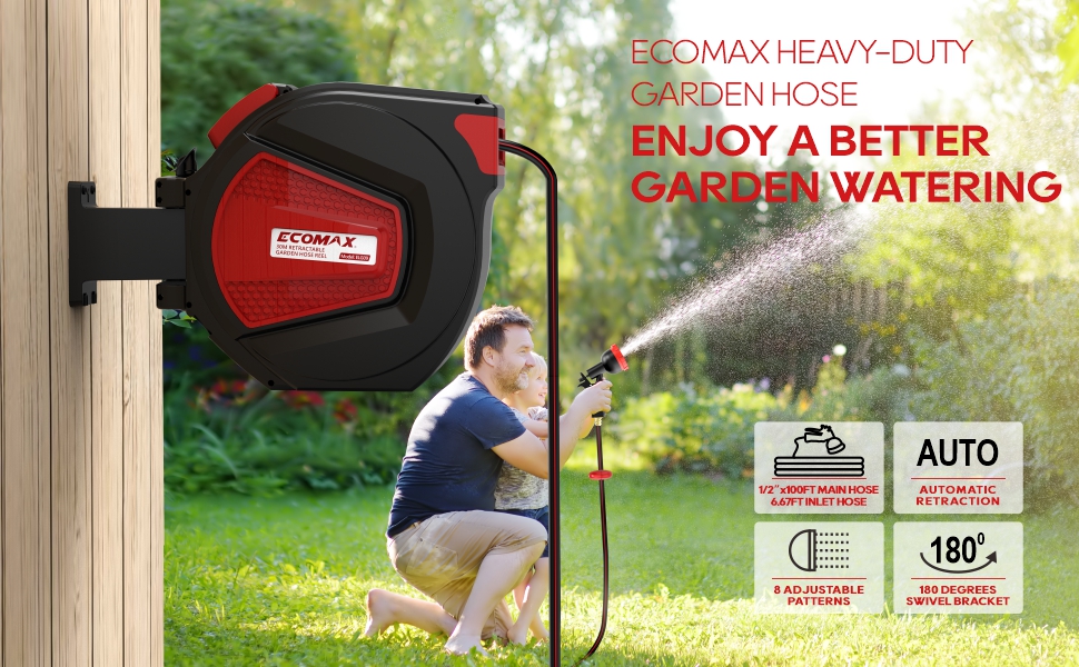 Ecomax 1/2in. x 100ft Retractable Garden Hose Reel, Heavy Duty