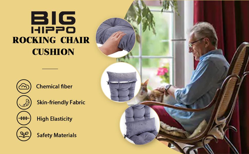 Big Hippo Rocking Chair Cushion,Soft Thicken Rocking Chair Cushion Set with  Detachable Neck Pillow Back Support, Comfy Chair Cushion Pad with Ties for  Outdoor Indoor Home Office 