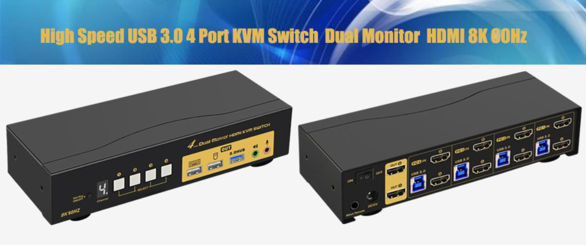 8K@60Hz 4 Ports HDMI Dual Monitor KVM Switch for 4 Computers 2 Monitors, with EDID Emulation HDMI KV
