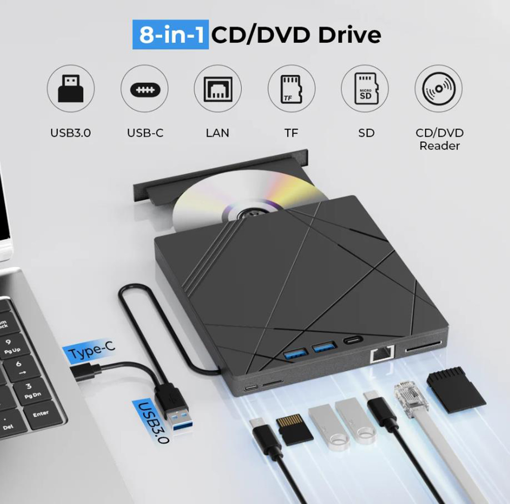 External CD/DVD Drive For Laptop PC USB3.0 Portable DVD Player With LAN/SD/TF Ports CD Reader