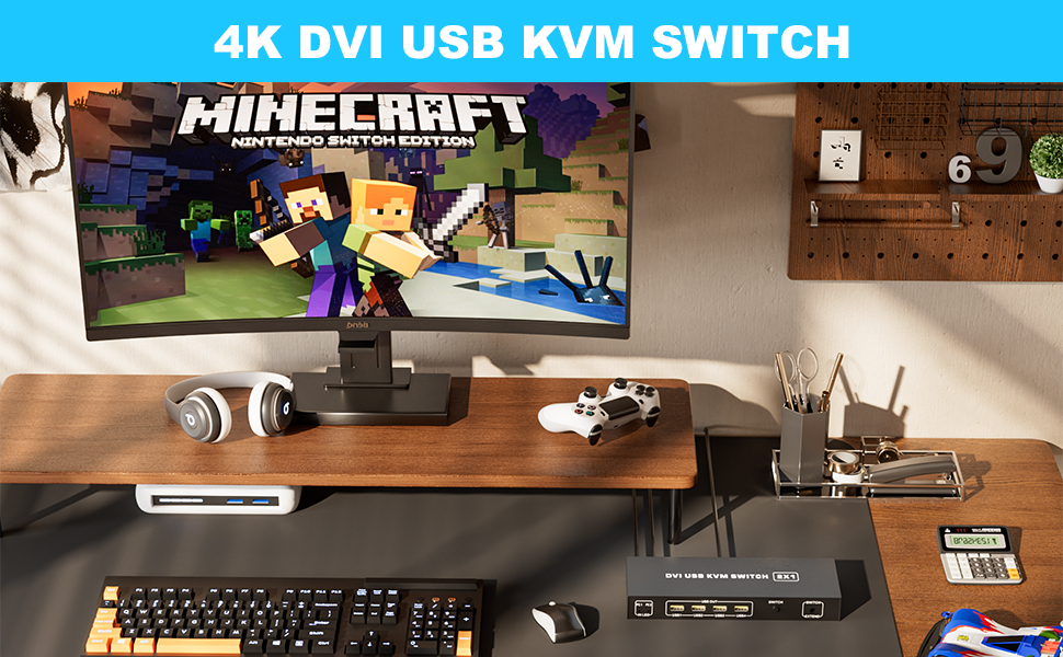 2 Ports DVI KVM Switch 1 Monitor 2 Computers 4K@60Hz,USB-B Dual Computers KVM Switch