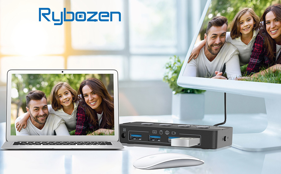 Rybozen USB 3.0 Switch Selector, 4 Port KM Switch USB Peripheral Switcher  Box, 4 Computers Sharing 4 USB Devices, for PC, Printer, Scanner, Mouse,  Keyboard, Button Switch & Remote Control