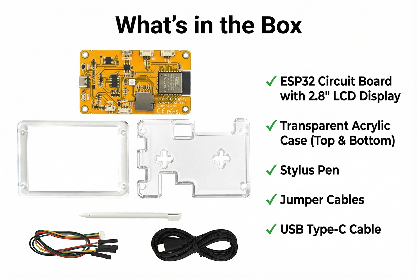 NerdMiner unboxing, ESP32 circuit board, 2.8" LCD display, transparent acrylic case, stylus pen, jum