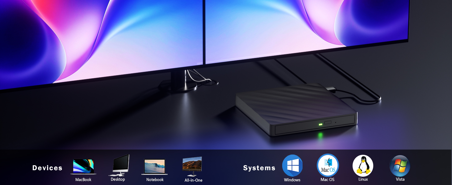 5 in 1 External Bluray Drive, USB 3.0 Type-C Slim Optical External Blu-ray DVD Burner with SD/TF