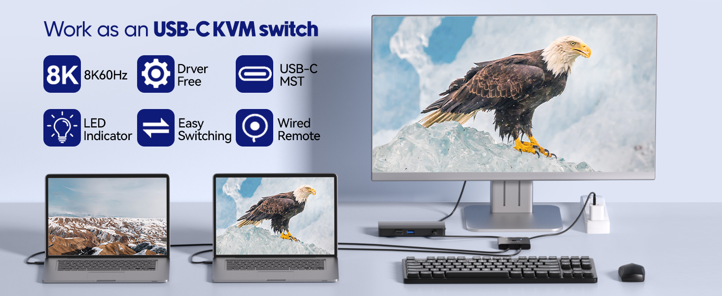 This USB C Switch allows you to share 1 monitor between 2 laptops. Easily switch between two compute