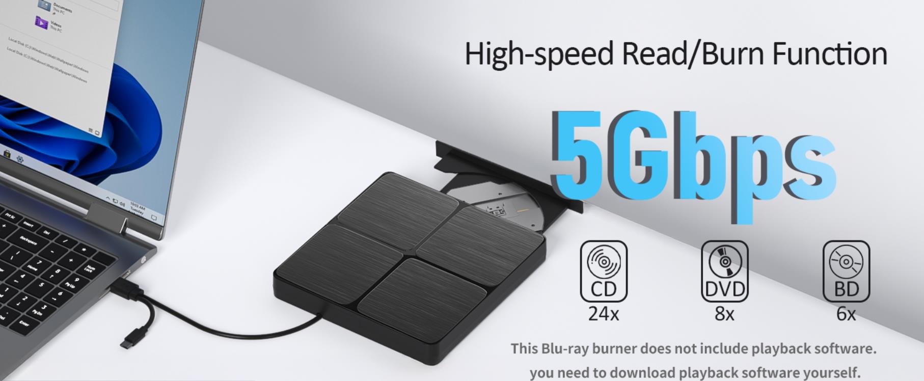 External Blu ray Drive for Laptops, External Bluray CD DVD Burner, External Blueray/DVD Drive for PC